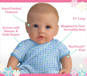 This lifelike So Truly Mine doll from The Ashton-Drake Galleries is crafted with RealTouch vinyl, has hand-painted features, arrives with a sleeper and cloth diaper, is weighted to feel incredibly real and is 15 inches long.
