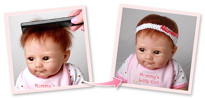 Before and after photos of an Ashton-Drake Galleries doll to illustrate how to properly put a headband on your baby doll