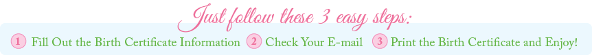 Just follow these 3 easy steps: 1. Fill Out the Birth Certificate Form 2. Check Your E-mail 3. Print the Birth Certificate and Enjoy!